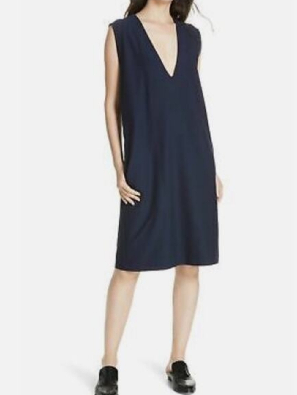 Eileen Fisher Washable Stretch Crepe Jumper Dredd V-Neck Sleeveless Navy Blue